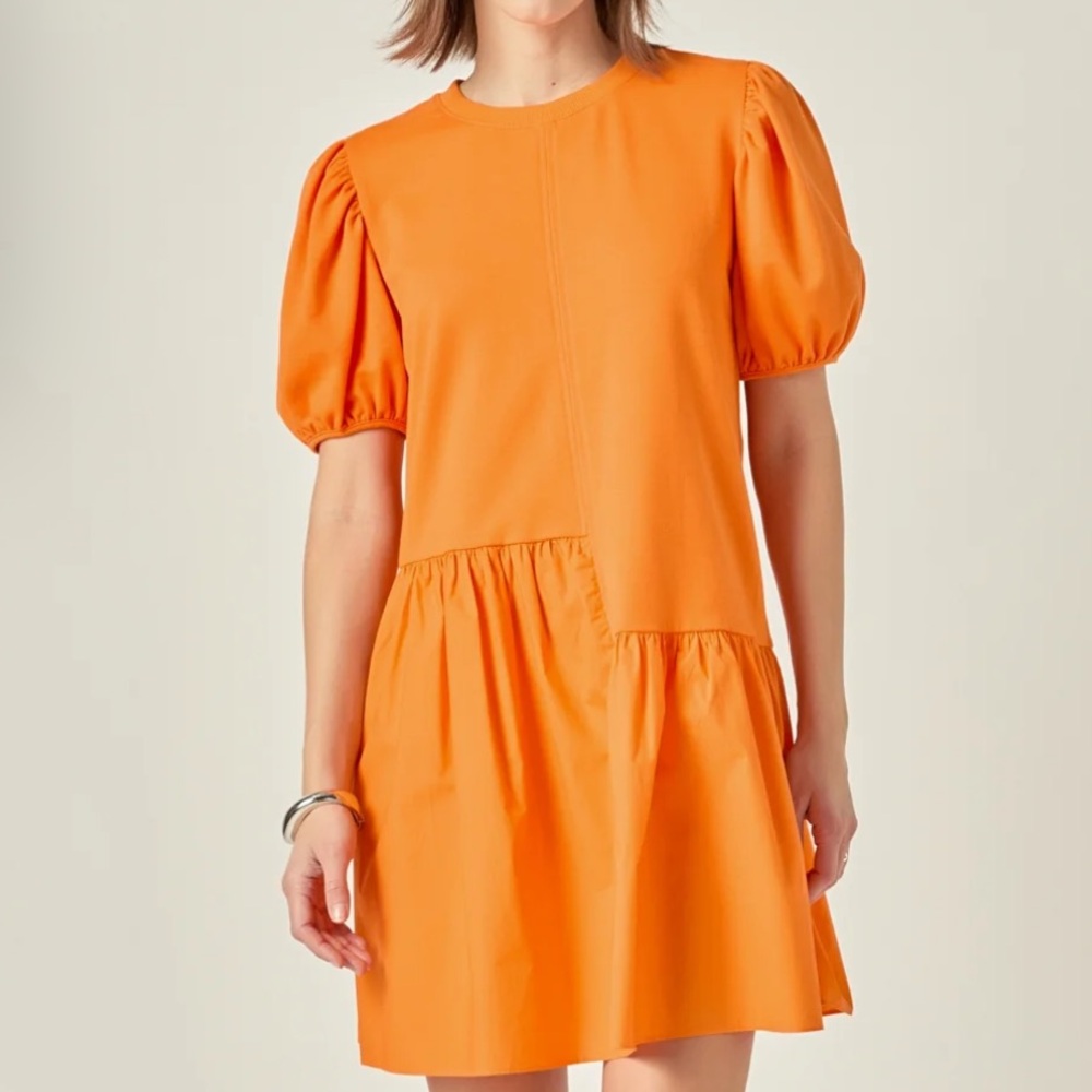 English Factory Knit Woven Mixed Dress in Orange NWT